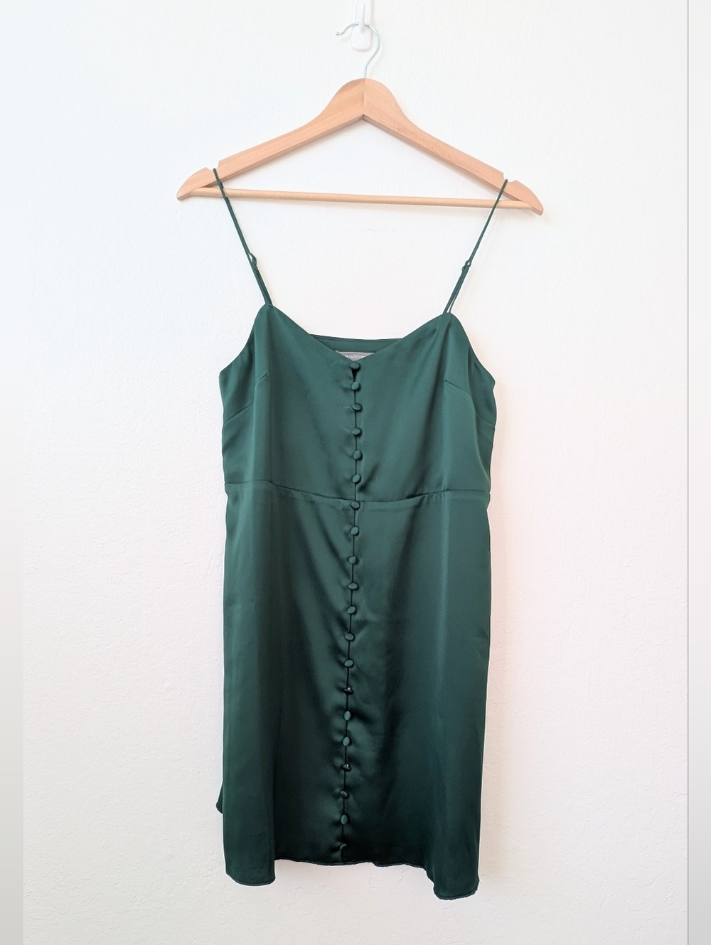 Urban Outfitters Emerald Green Satin Mini Slip Dress with Covered Buttons Size S